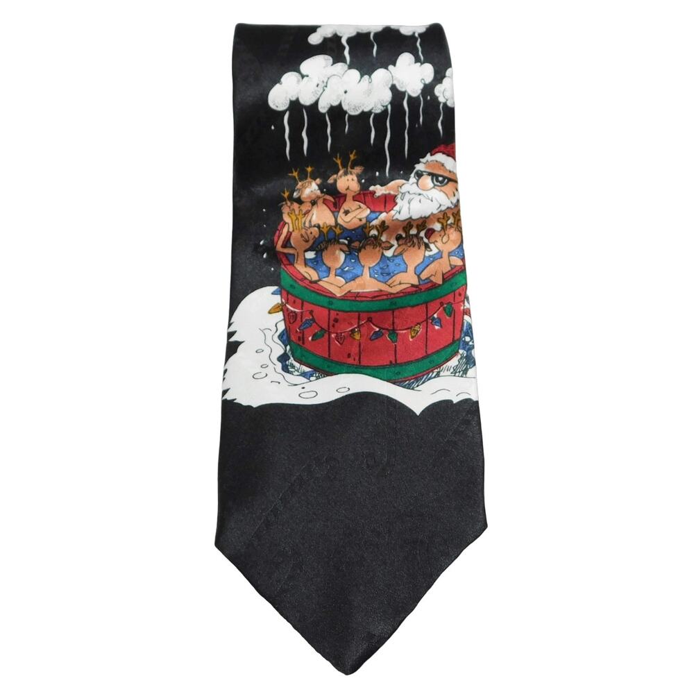 Hallmark Yule Greetings Christmas Santa Reindeer Hot Tub Polyester Tie